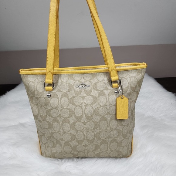 Coach Handbags - Coach Signature Zip Top Tote in Khaki & Yellow